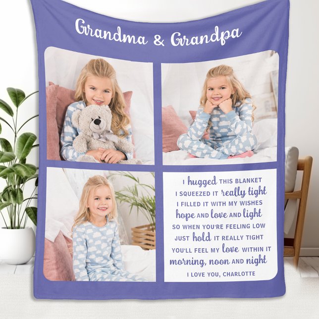 Grandparents Modern 3 Photo Custom Grandma Grandpa Fleece Blanket (Creator Uploaded)