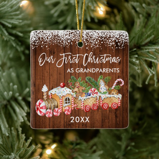 Grandparents Our First Christmas Gingerbread Train Ceramic Ornament (Tree)