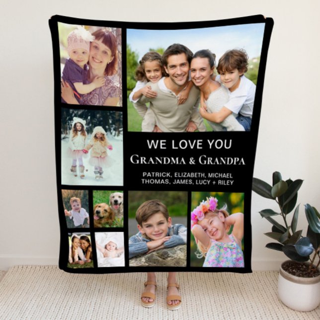 Grandparents Photo Collage Black Fleece Blanket (Creator Uploaded)