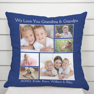 Grandparents Photo Collage Blue Cushion