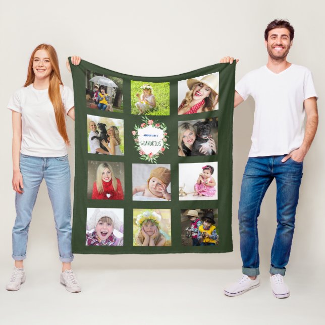 GRANDPARENTS Photo Collage Grandkids Green Fleece Blanket (In Situ)