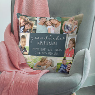 Grandparents Photo Collage Grandkids Names Blue Cushion