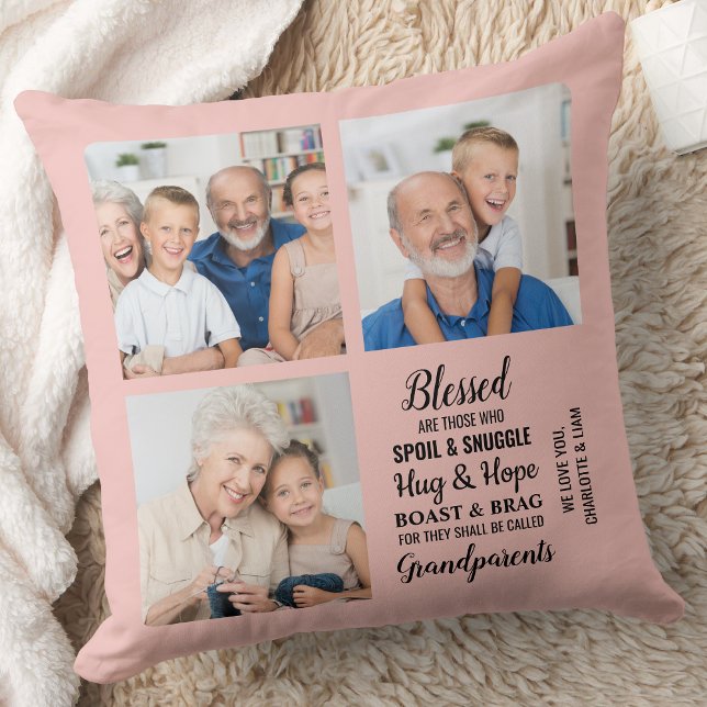Grandparents Poem Custom Modern 3 Photo Collage  Cushion (Creator Uploaded)