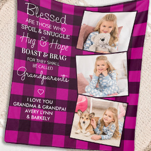 Grandparents Quote Custom 3 Photo Pink Plaid Fleece Blanket