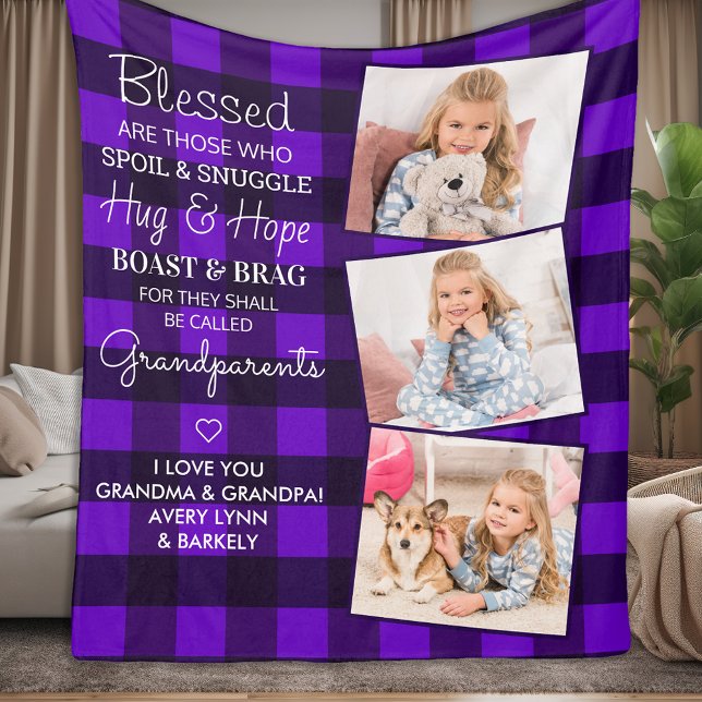 Grandparents Quote Custom 3 Photo Purple Plaid  Fleece Blanket (Creator Uploaded)