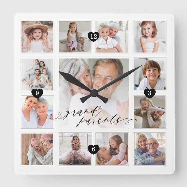 Grandparents Script Family Memory PhotoCollage Square Wall Clock (Front)