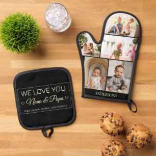 Grandparents Simple 5 Photo Collage Gift Oven Mitt & Pot Holder Set