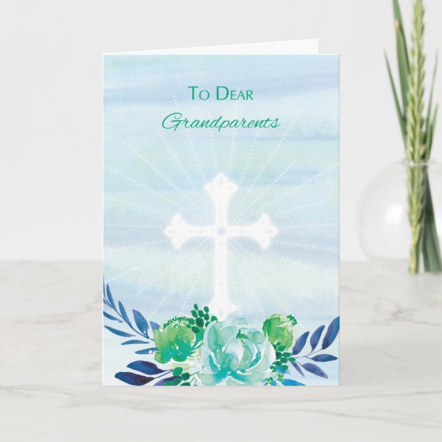 Grandparents Teal Blue Flowers with Cross Easter Holiday Card (Front)