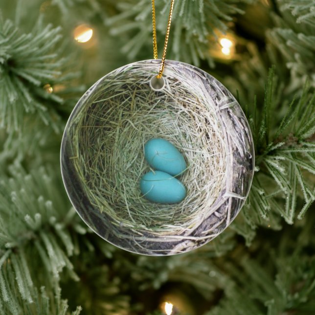 Grandparent's Two Blue Robin's Eggs in Nest Ceramic Ornament (Tree)