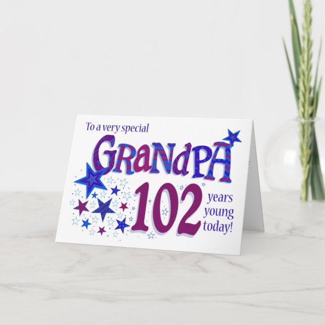 Grandpa's 102nd Birthday Word Art with Stars Card (Front)