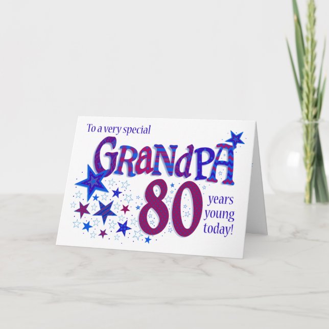 Grandpa's 80th Birthday Word Art with Stars Card (Front)