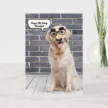 Grandpa's Birthday Golden Retriever with Mask Card<br><div class="desc">Golden retriever wearing a funny moustache mask on grey brick wall and wood floor with speech bubble for Grandpa's birthday.
Can be changed for anyone's birthday. Text is editable.</div>