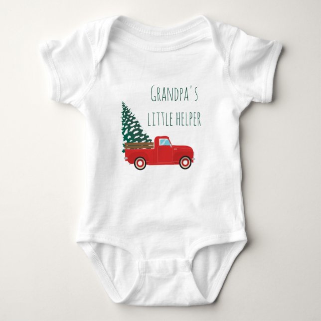 Grandpas Little Helper Pickup Truck Christmas Tree Baby Bodysuit (Front)