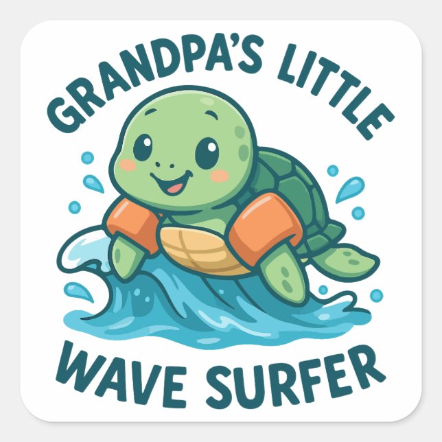 Grandpa's Little Wave Surfer Cute Turtle Square Sticker (Front)