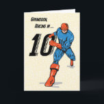 Grandson 10th Birthday Superhero Card<br><div class="desc">Soon your Grandson will be ten and here you have the amazing card you need to congratulate him on his 10th Birthday. A strong superhero wearing a blue and red suit,  comes running with a big number.</div>