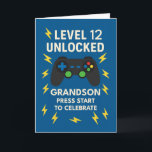 Grandson 12th Birthday Game Controller Age 12 Card<br><div class="desc">For the grandson who’s entering his final year before the teens, this gaming-themed birthday card hits the perfect note. “Level 12 Unlocked” is front and centre over a cool lightning-and-controller design, with an uplifting inside message that recognises his heart, humour, and growing maturity. Designed for boys who are outgrowing little-kid...</div>