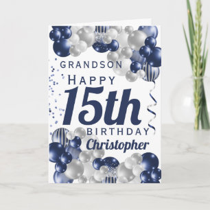 Grandson 15th Birthday Navy Balloon Card
