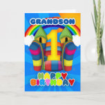 Grandson 1st Birthday Card With Bouncy Castle<br><div class="desc">Sunny happy 1st birthday with bouncy castle</div>