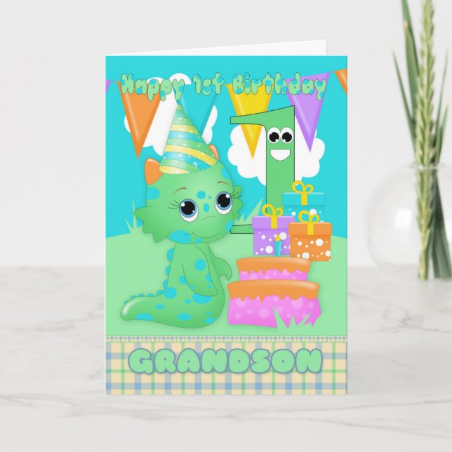 Grandson 1st Birthday Cute Little Monster Card (Front)