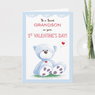 Grandson, 1st Valentine's Day, Blue Teddy Bear on Holiday Card