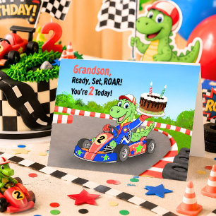 Grandson 2nd Birthday Dinosaur Race Car Ready Set  Card