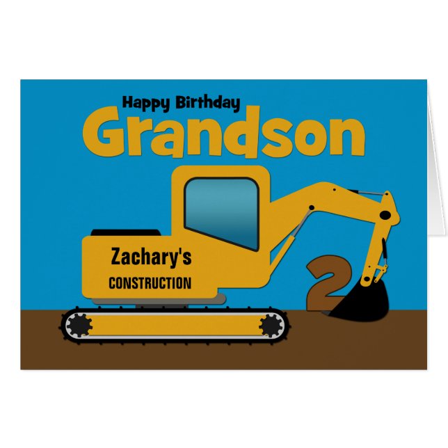Grandson 2nd Birthday Yellow Excavator Add Name (Front Horizontal)