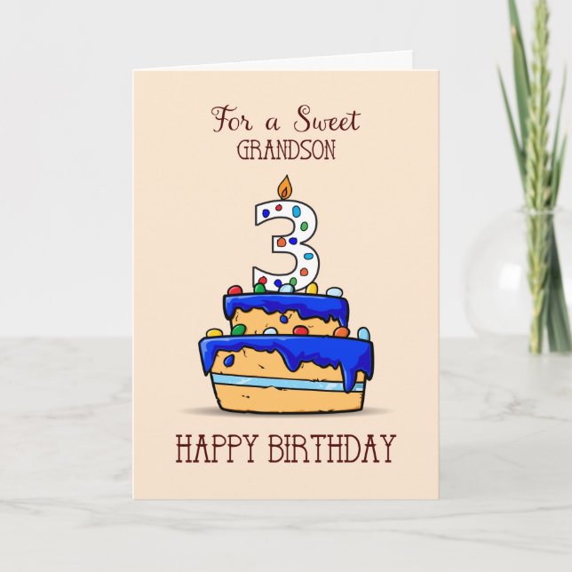 Grandson 3rd Birthday, 3 on Sweet Blue Cake Card (Front)
