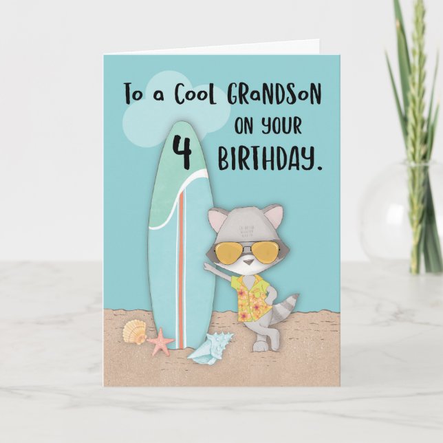 Grandson 4th Birthday Beach Funny Cool Racoon Card (Front)