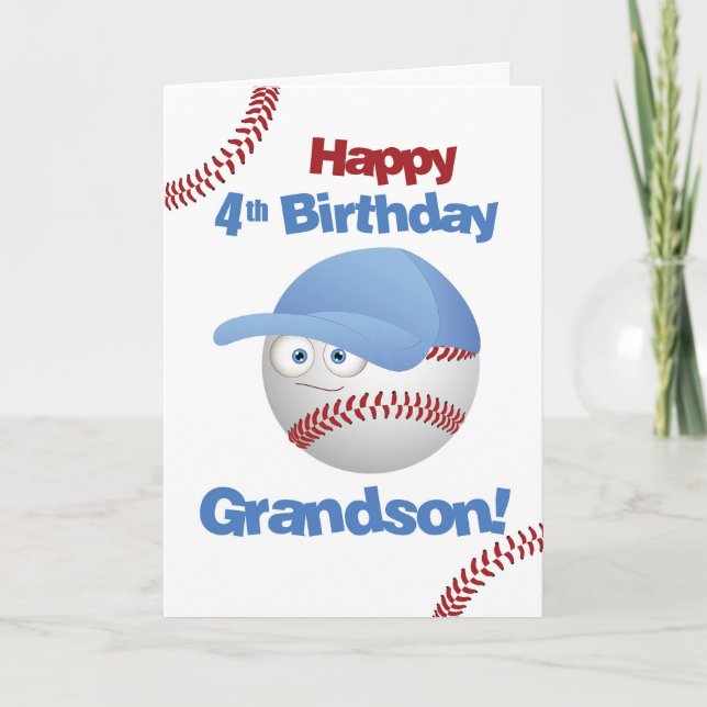 Grandson 4th Birthday Funny Baseball Face Card (Front)