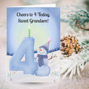 Grandson 4th Birthday Snowman with Snowy Four Card