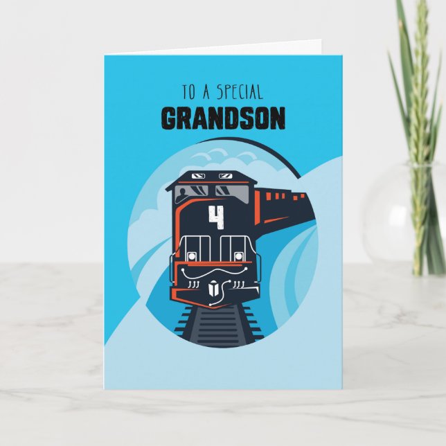 Grandson 4th Birthday Train Little Boy Blue Card (Front)
