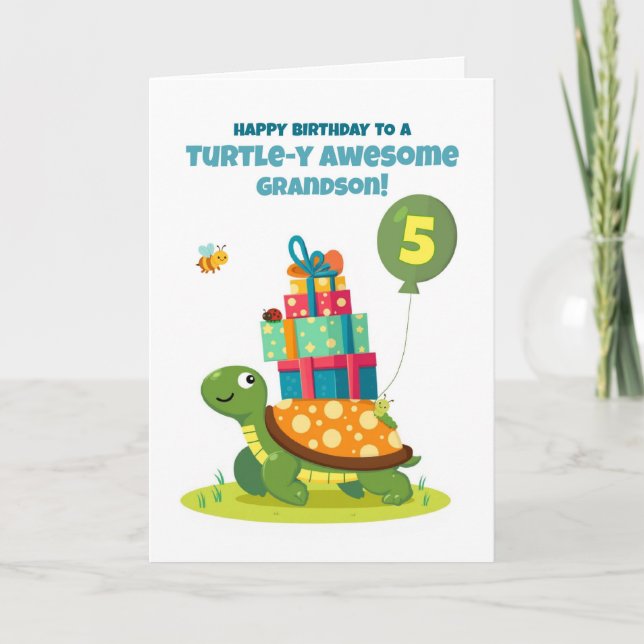 Grandson 5th Birthday Cute Turtle with Presents Card (Front)