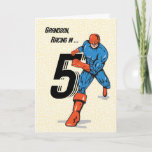 Grandson 5th Birthday Superhero Card<br><div class="desc">Happy 5th Birthday says this superhero as he runs in with the large number 5! Wish your grandson happy 5th birthday like the important superhero that he is!</div>