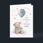 Grandson 6 Month Birthday Personalise Teddy Bear Card<br><div class="desc">Celebrate your grandson’s 6-month milestone with a personalised touch! This charming design features a sweet watercolor bear in a soft blue sweater, holding a balloon with “6 MONTHS” gently floating above. Light tan and blue stars frame the scene, adding a dreamy, peaceful feel. The front includes space to add your...</div>
