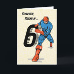 Grandson 6th Birthday Superhero Card<br><div class="desc">Running in with the large number 6 is a superhero! Dressed in blue,  with orange mask and boots,  this wish will be raced to your grandson with your special 6th birthday wishes!</div>