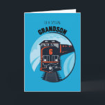 Grandson 6th Birthday Train on Blue Card<br><div class="desc">This diesel train is coming round the bend to wish a special grandson a very special 6th birthday! The train is black,  red and grey and travelling on a blue background.</div>