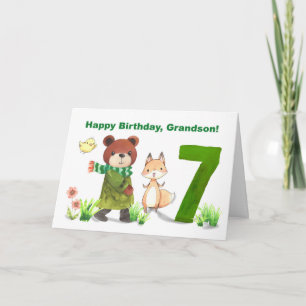 Grandson 7th Birthday Watercolor Bear and Fox Card