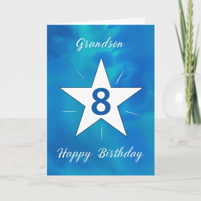 Grandson 8th Birthday Star Blue Green Watercolor Card (Front)