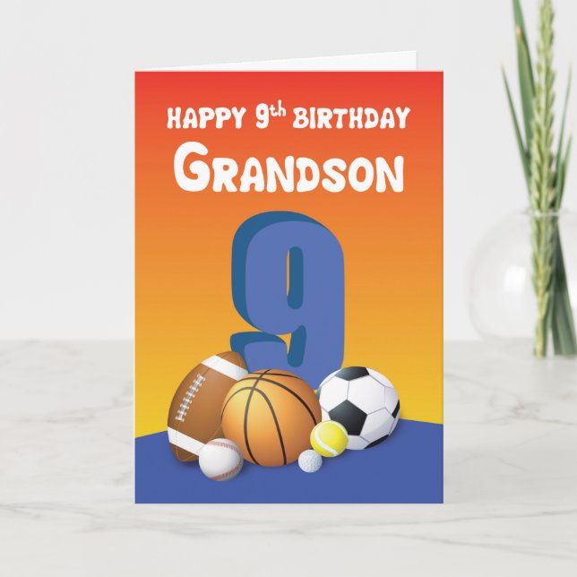 Grandson 9th Birthday Sports Balls Card (Front)