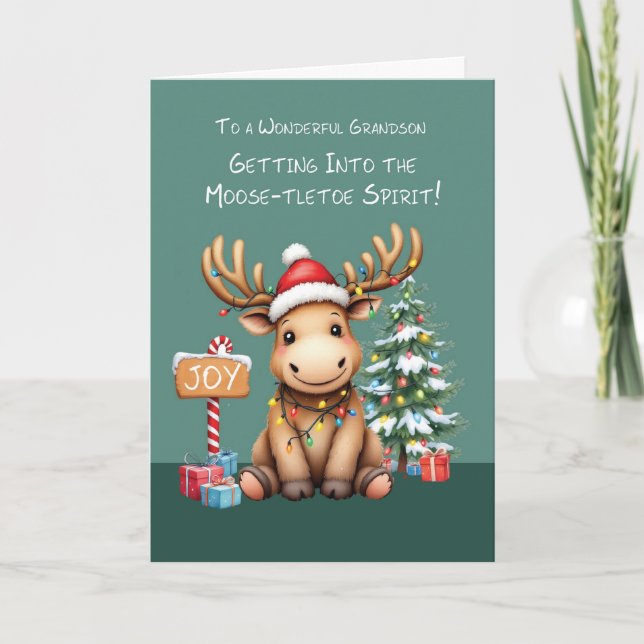Grandson Adorable Funny Moose Christmas Card (Front)