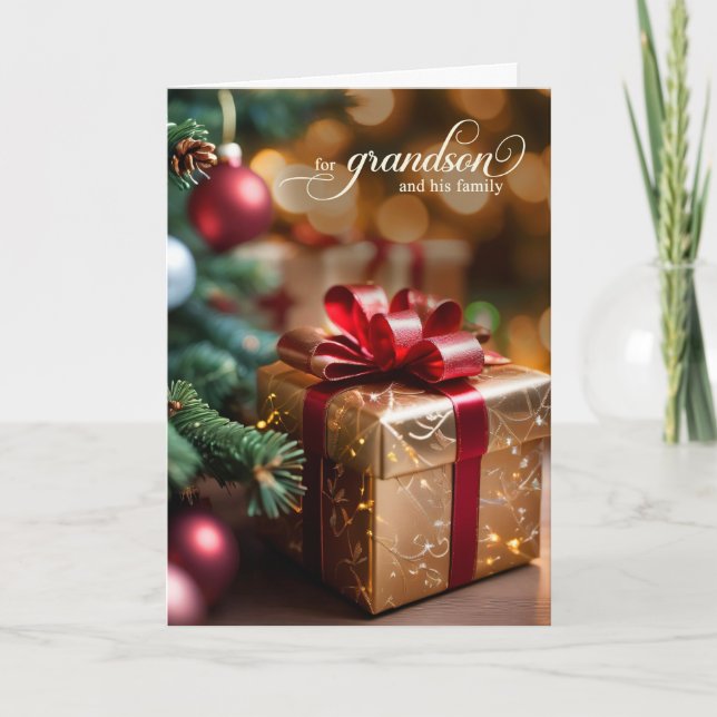 Grandson and Family Christmas Tree and Golden Gift Holiday Card (Front)