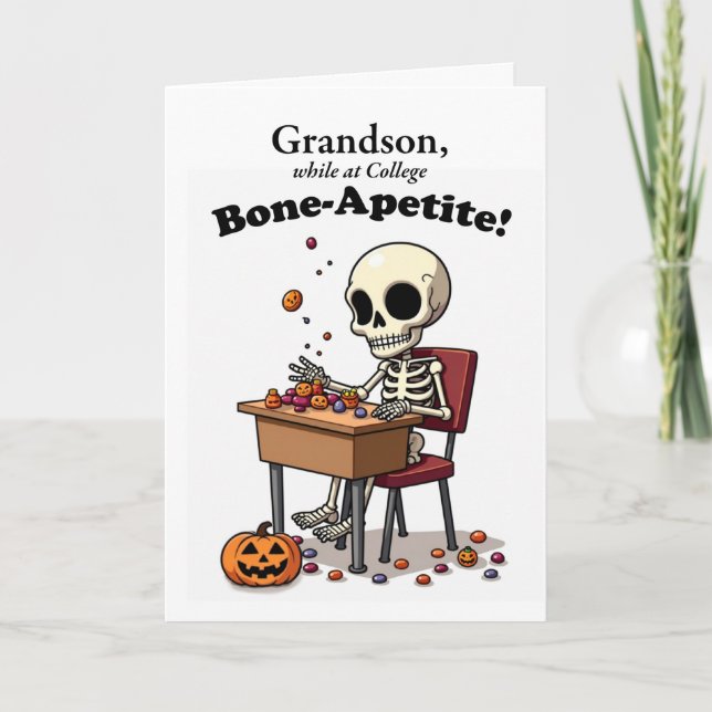 Grandson at College Halloween Funny Skeleton Bone Card (Front)