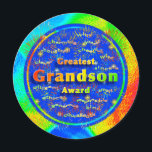 Grandson Award Birthday Fireworks Card<br><div class="desc">Brightly painted background in colours of red, green, blues and yellow provides a cheerful feel for greatest grandson award design on a round card. Round cards are much fun and a unique way to say happy birthday. Colourful fireworks spread out from a deep blue disc. Front of card contains words...</div>