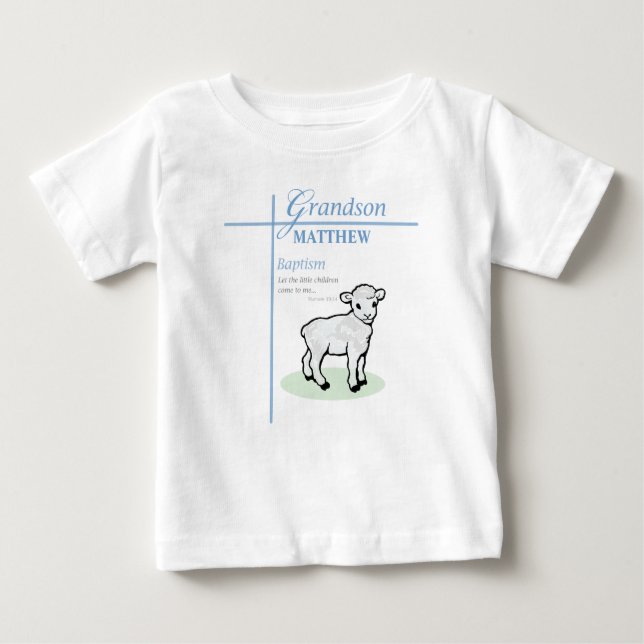 Grandson Baptism Blue Boy Lamb Personalised Baby T-Shirt (Front)