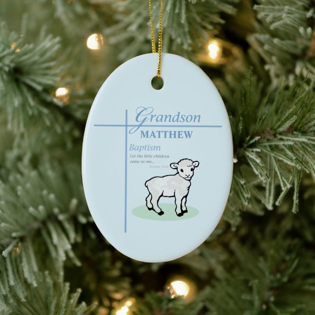 Grandson Baptism Blue Boy Lamb Personalised Ceramic Ornament (Tree)