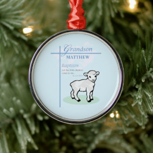 Grandson Baptism Blue Boy Lamb Personalised Metal Ornament