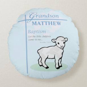 Grandson Baptism Blue Boy Lamb Personalised Round Cushion