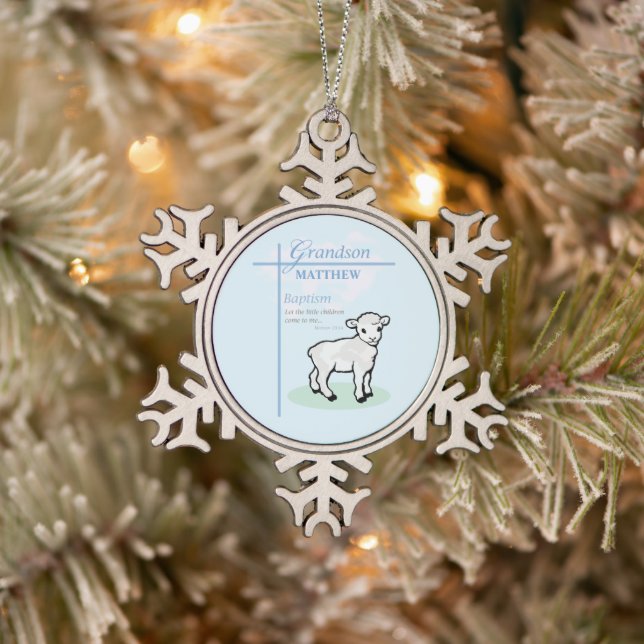 Grandson Baptism Blue Boy Lamb Personalised Snowflake Pewter Christmas Ornament (Tree)