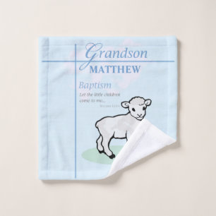 Grandson Baptism Blue Boy Lamb Personalised Wash Cloth