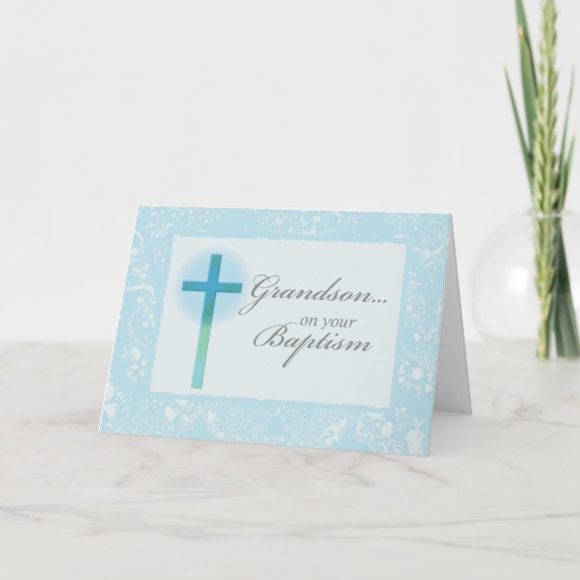 Grandson Baptism Blue Lace Card (Front)